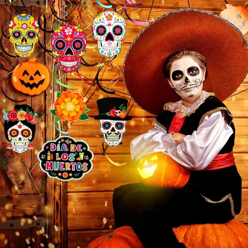 Miniatura 5 de Decoraciones del Día de los Muertos, decoración de remolinos colgantes de calavera de azúcar, decoración del día de los muertos, decoración