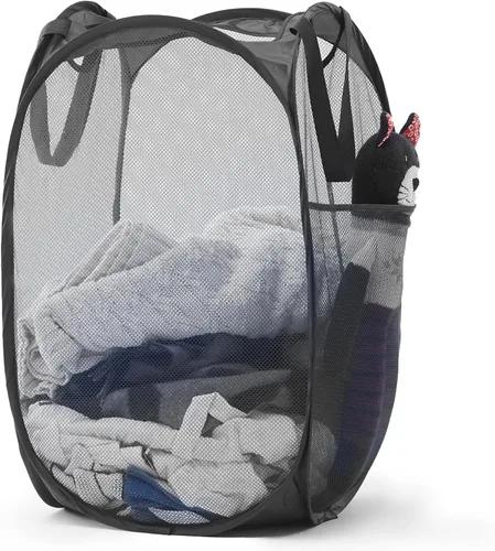 Miniatura 9 de TECHMILLY Cesta plegable de malla para la ropa sucia con asas resistentes y bolsillo lateral, cestas plegables portátiles para ropa para dormitorio