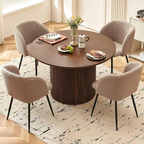 Miniatura 13 de Homedot Juego de mesa de comedor redonda de 5 piezas para 4, mesa de cocina de nogal de 47 pulgadas y sillas tapizadas para comedor, juego de mesa
