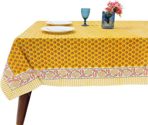 Ridhi Mantel rectangular de algodón con estampado de bloque a mano amarillo mostaza, 102 x 48 pulgadas, reutilizable, decorativo para uso diario
