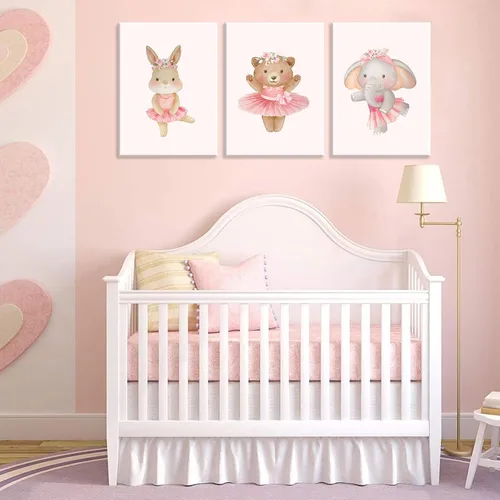 Miniatura 4 de 3 piezas de lienzo de animales de bailarina rosa, arte de pared, lindo elefante, conejo, oso, decoración de pared, imágenes de guardería, habitación