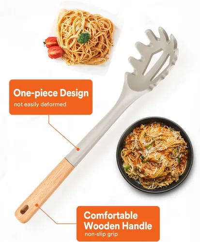 Miniatura 4 de Tenedor de silicona para pasta, servidor de cuchara de fideos resistente al calor, colador de espagueti sin BPA, 12.8 pulgadas (caqui)