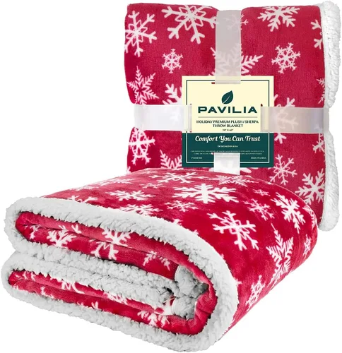 Miniatura 7 de PAVILIA - Manta de sherpa navideña con copos de nieve rojos, de felpa reversible ultrasuave, sherpa, 50 x 60 pulgadas, manta de invierno para sofá