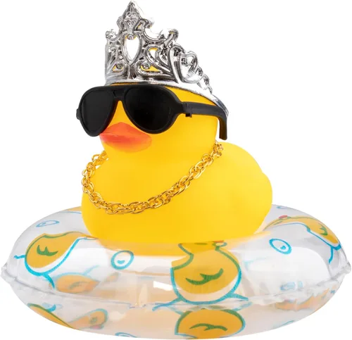 wonuu Adornos de pato de goma para automóvil, decoración de tablero de automóvil con bonita diadema, anillo de natación, collar, gafas de sol,