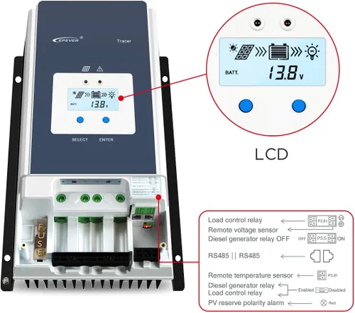 Miniatura 4 de EPEVER Controlador de carga solar MPPT 50A 12V/24V/36V/48V DC Identificación automática del voltaje del sistema Max.PV 150V Regulador del panel