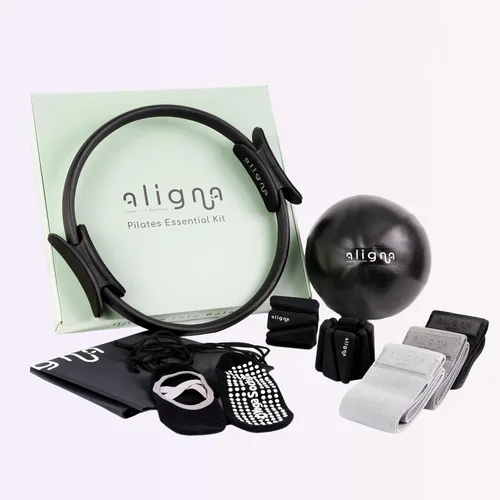 Kit Esencial de Pilates Aligna | Set Completo para el Hogar para Equilibrio, Flexibilidad y Fuerza | Set de 8 Piezas con Anillo de Pilates,