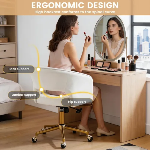 Miniatura 4 de Silla de tocador con respaldo sillón giratorio 360 grados y base dorada, silla entrecruzada con ruedas para tocador, oficina en casa, sala de estar