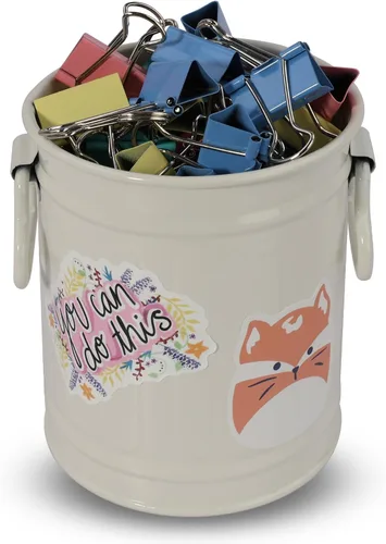 Miniatura 7 de Soporte para bolígrafo para escritorio con 60 piezas de animales lindos y 50 calcomanías inspiradoras, soporte para lápices de hojalata, organizador