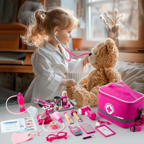 Miniatura 6 de EFO SHM Kit médico para niños y niñas, 34 piezas para niños pequeños de 3 a 5 años con bolsa de almacenamiento médico y estetoscopio real, juego
