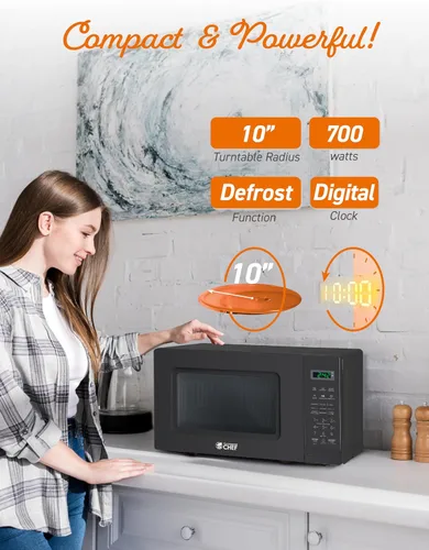 Miniatura 4 de Microondas Commercial CHEF de 0.7 pies cúbicos con 10 niveles de potencia, microondas de 700 W con pantalla digital, con cerradura de seguridad
