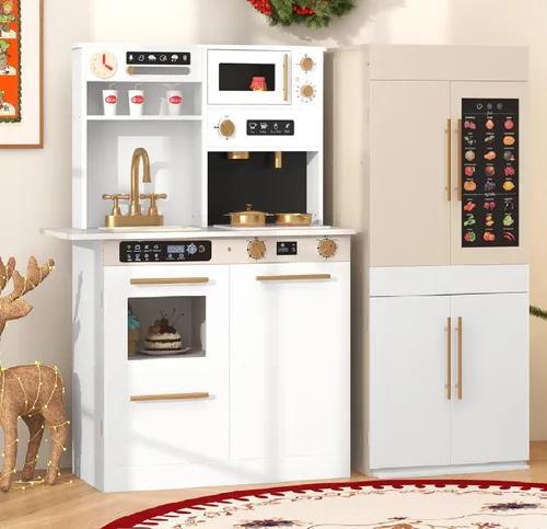 INFANS Cocina de Juguete para Niños, Conjunto de Juego de Refrigerador Nevera de 2 Piezas Combinación con Tabla de Pared del Alfabeto Interactivo