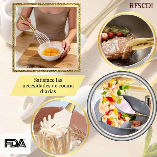 Miniatura 9 de Elegante juego de utensilios de cocina de silicona de oro blanco, no tóxicos, aptos para lavavajillas, con asas cómodas resistentes al calor