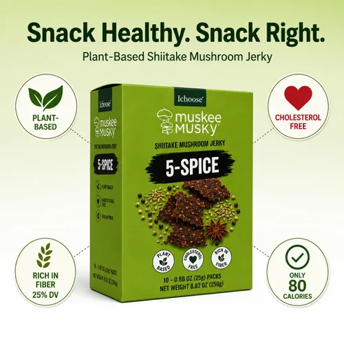 Miniatura 3 de IChoose Muskee - Carne seca de hongos almizclada sabor a 5 especias, cecina vegana de hongos shiitake a base de plantas, sin colesterol, rica