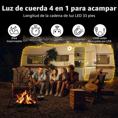 Miniatura 4 de Cadena de luces de campamento de 33 pies, 100 LED, 4 en 1, recargable, 100 LED, para exteriores, con 14 modos de iluminación, control remoto