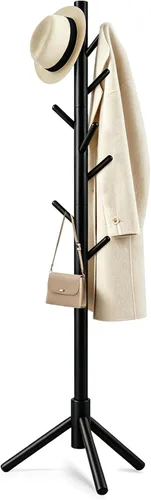 Perchero de madera maciza independiente, árbol de pino de Nueva Zelanda con 8 ganchos y 3 tamaños ajustables para abrigos, sombreros, bolsos y Negro