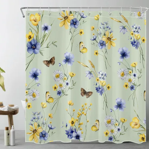 Miniatura 4 de EOBTAIN Cortina de ducha floral de acuarela para baño, margaritas y mariposas sobre tela beige con 10 ganchos, juego de cortinas de baño rústicas