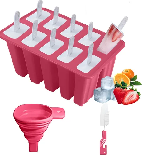 Moldes de silicona para paletas, 10 moldes para hacer paletas de hielo con 10 palos reutilizables, cepillo de limpieza y embudo, moldes caseros de