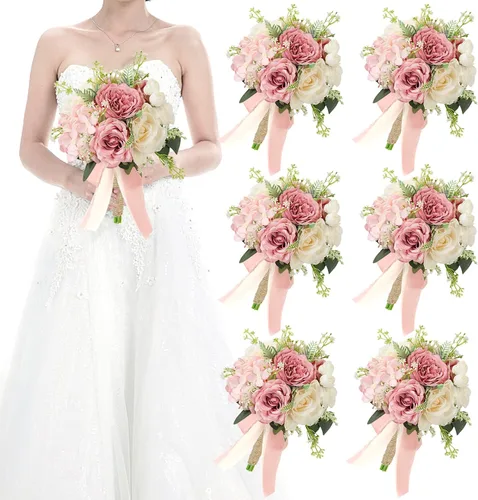 Miniatura 12 de Juego de 4 ramos para dama de honor para boda - Ramos de flores artificiales de 7 pulgadas para decoración de centros de mesa de ceremonia y Azul
