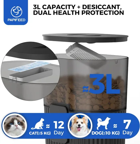 Miniatura 7 de PAPIFEED Comedero automático para gatos con aplicación, dispensador de comida para gatos WiFi de 2.4 G, alimentador lento de 3 litros para alimentos