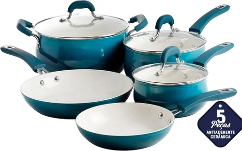 Oster Corbett - Juego de 8 utensilios de cocina de aluminio forjado verde azulado degradado con cerámica antiadherente – Base de inducción – Mango