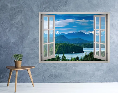 Miniatura 2 de Calcomanía de pared 3D con ventana de paisaje de lago y montaña, papel tapiz extraíble, vinilo para decoración del hogar, West Mountain™ W13