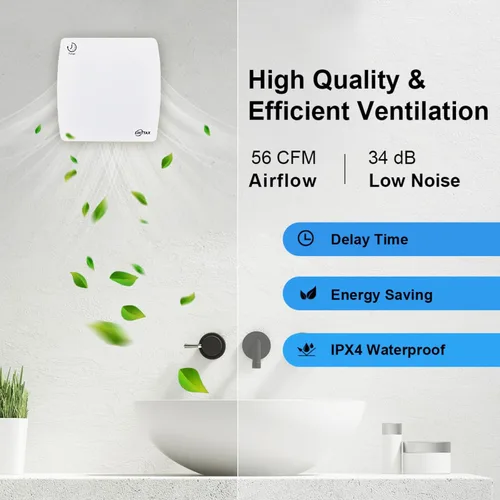 Miniatura 3 de Ventilador de Escape de 4 Pulgadas, Ventilador de Escape de Baño de Montaje en Pared de 56 CFM con Temporizador y Amortiguador de Contraflujo