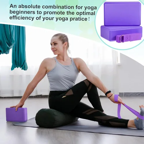 Miniatura 5 de Meooeck Juego de 18 piezas de bloques y correas de yoga de 9 x 6 x 3 pulgadas, ladrillo antideslizante de espuma EVA, correas de yoga de 8 pies