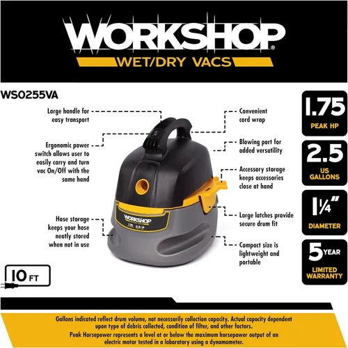 Miniatura 3 de WORKSHOP Wet/Dry Vacs Aspiradora de taller WS0255VA, 2.5 galones, 1.75 pico HP, aspiradora portátil para húmedo y seco con bolsa de filtro, manguera