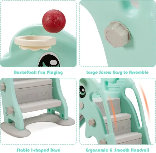 Miniatura 8 de Baby Joy Slide para niños, juego grande para escalador de juegos con pendiente de deslizamiento extralarga, aro de baloncesto y bola, regalo ideal