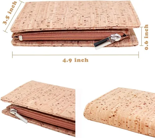 Miniatura 6 de boshiho Cartera de bloqueo RFID ecológica con corcho biplegable para tarjetas con monedero con cremallera y ventana de identificación (corcho) (01)