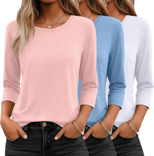 Miniatura 28 de Ficerd Paquete de 3 camisetas de manga 3/4 para mujer, cuello redondo, camisetas básicas elegantes, casuales, modernas, holgadas