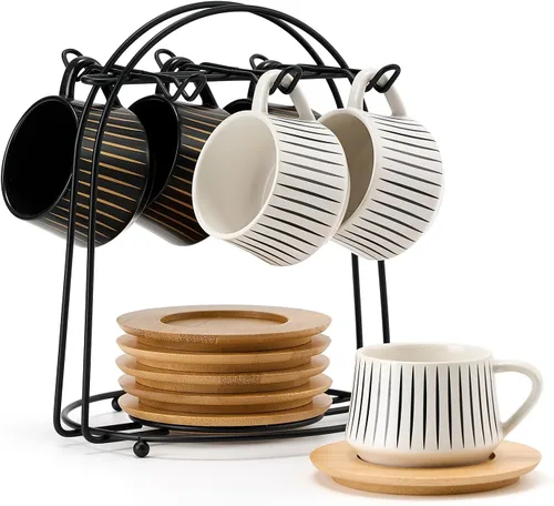 LUKA - Tazas de café de cerámica con platillos y soporte de metal, 4 onzas, tazas de porcelana demitasse para espresso, latte, café, café moca, té,
