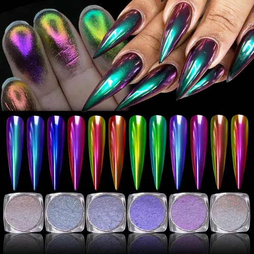 Polvo de uñas holográfico cromado brillante con diamantes, polvo metálico con purpurina reflectante efecto galaxia mágica para arte de uñas (12