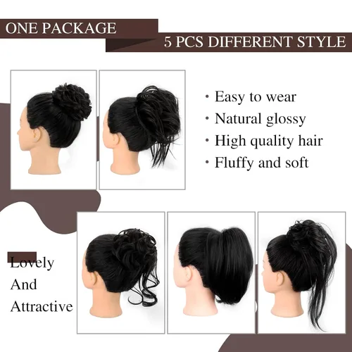 Miniatura 2 de HMD 5 piezas de moño despeinado para mujer, extensión de cabello con banda de goma elástica, extensión de cabello largo y desordenado, accesorios