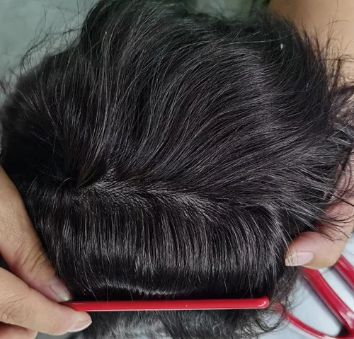 Miniatura 4 de LYRICAL HAIR Toupee para hombres de piel fina inyección de PU unidad de peluca para hombre 1# Jet Real Natural Cabello humano Pieza Sistema