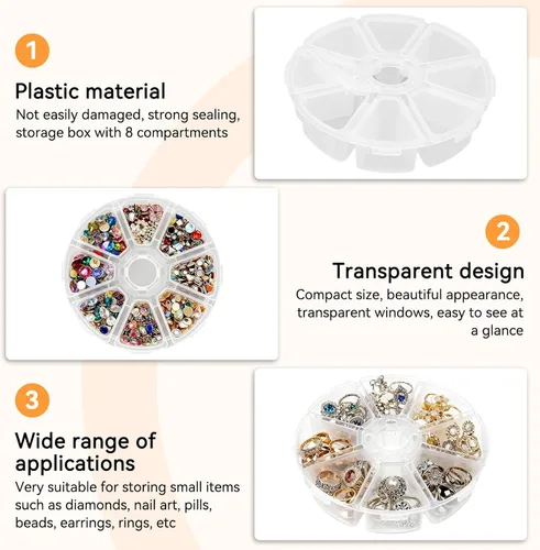 Miniatura 3 de Organizador de cajas divisoras de joyería de 8 rejillas, contenedor redondo de plástico transparente para almacenamiento de joyas, arte de uñas