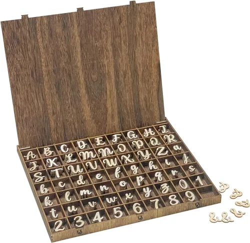 682 letras del alfabeto de madera de 1 pulgada, números de madera, mini letras mayúsculas y bajas con caja de almacenamiento rústica para decoración