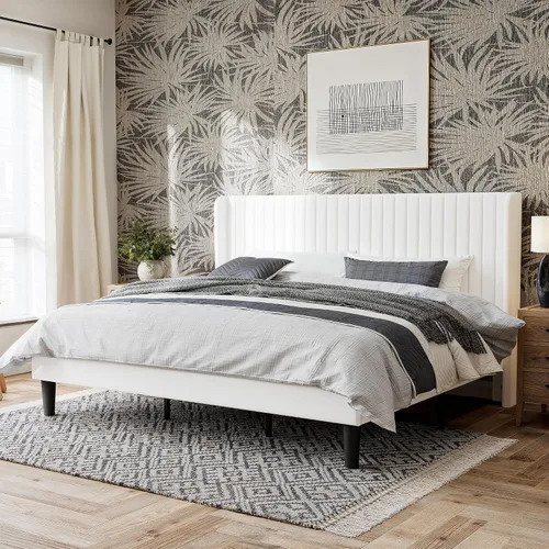 Miniatura 15 de GOLDORO Base de cama tapizada de tamaño matrimonial con cabecera de ala capitonada de canal vertical, soporte de listones de madera, no necesita