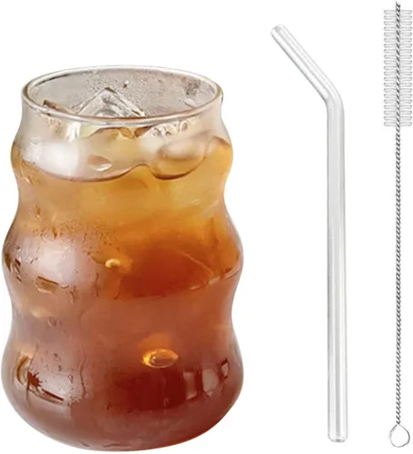 Miniatura 10 de Maritown Taza de café helado con pajilla, taza de café transparente de 13.8 onzas con popote de vidrio y cepillo limpiador de pajilla, cristalería