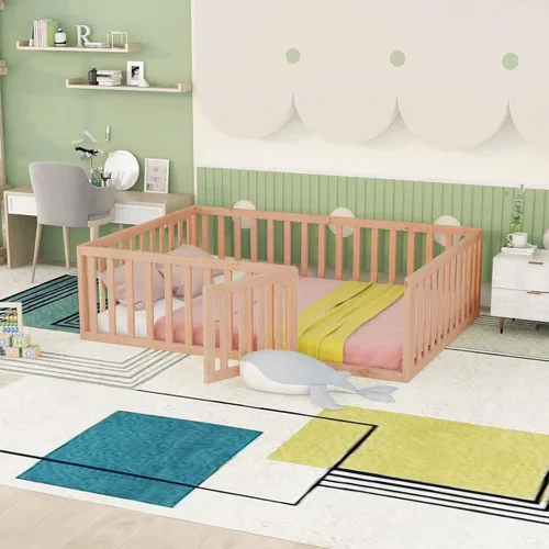 Cama de plataforma de tamaño matrimonial con valla, marco de cama de piso de madera maciza con puerta, marco de sofá cama de tamaño matrimonial,