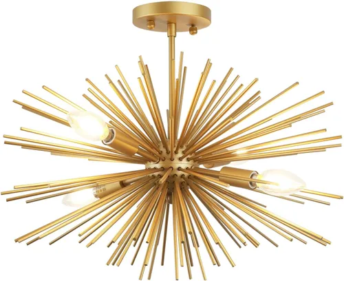 Candelabros Sputnik modernos dorados de 20 pulgadas, lámpara de techo semiempotrada de 4 luces de mediados de siglo, candelabros satélite Starburst