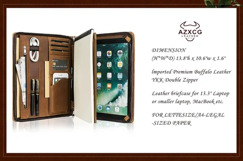 Miniatura 5 de AZXCG Portafolio organizador de cuero para hombres, folio profesional con soporte para bloc de notas A4/Legal, cartera con cremallera