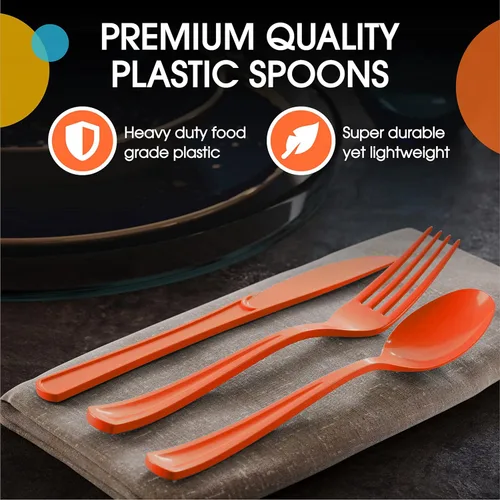 Miniatura 4 de Exquisite Cucharas de plástico naranja, 50 piezas, cucharas naranjas, utensilios desechables, juego de cubiertos de plástico resistente