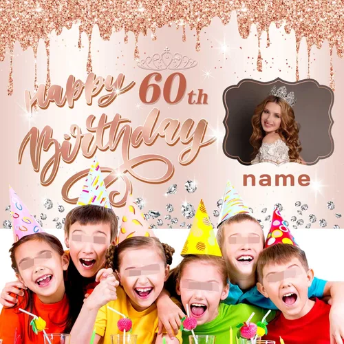 Miniatura 5 de Pancarta personalizable de decoración de feliz cumpleaños número 60, personalizable con nombre y foto MGJB-NLK-60th