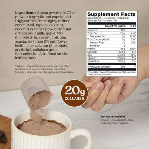 Miniatura 3 de Polvo de proteína de colágeno con chocolate y aceite MCT de Bulletproof, 19g de proteína, 42.3 onzas, tamaño de valor, con péptidos de colágeno