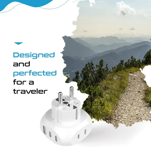 Miniatura 3 de Ceptics Adaptador de viaje Schuko europeo - 5 entradas con 20 W PD-QC 3.1A Dual USB-C y USB - Ultra compacto - Peso ligero - Estados Unidos