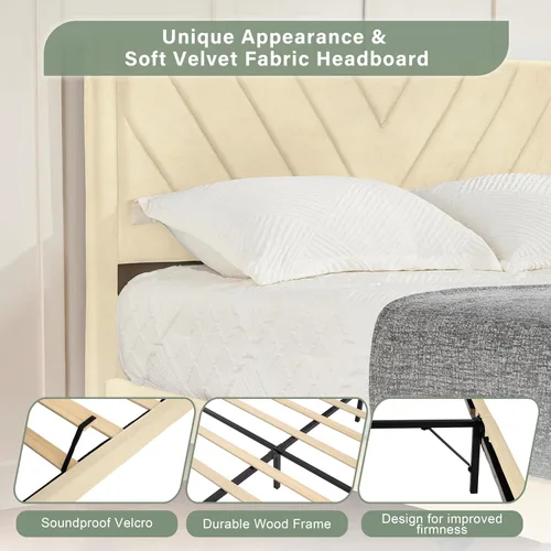 Miniatura 5 de Base de cama de plataforma de tamaño matrimonial con cabecera de terciopelo, borde de ala, listones de madera resistentes, sin ruido, no necesita