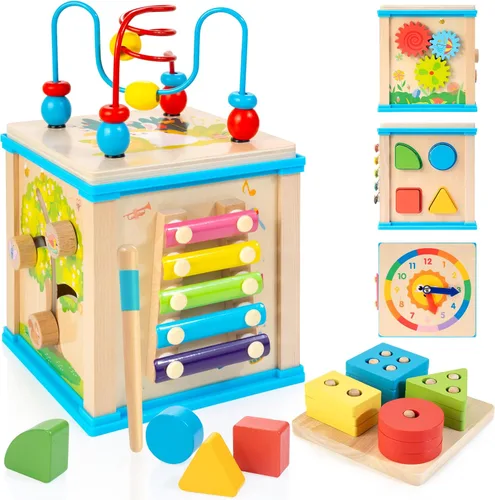 WOODMAM Cubo de Actividades de Madera 7 en 1, Juguetes Montessori para Niños Pequeños de 1 Año, Juguetes Educativos de Desarrollo para Bebés, Azul