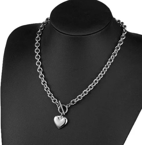 Miniatura 7 de Juego de collar y pulsera con dije de corazón, collar y cadena de acero inoxidable dorado y plateado con dije de corazón con cierre de palanca