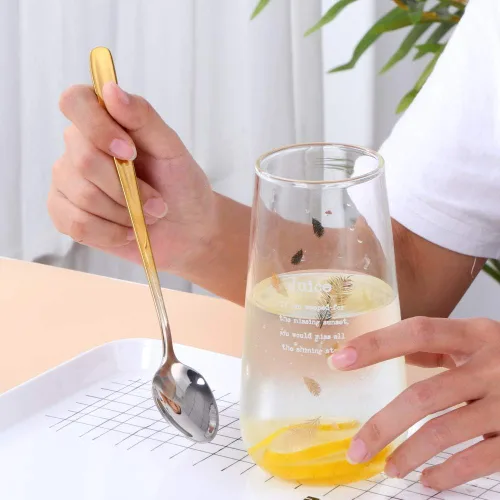Miniatura 4 de Buyer Star Cucharas de té helado de mango largo, juegos de cucharas de café resistentes de 8 pulgadas 18/10 para mezclar, mezclar cócteles, té, Oro